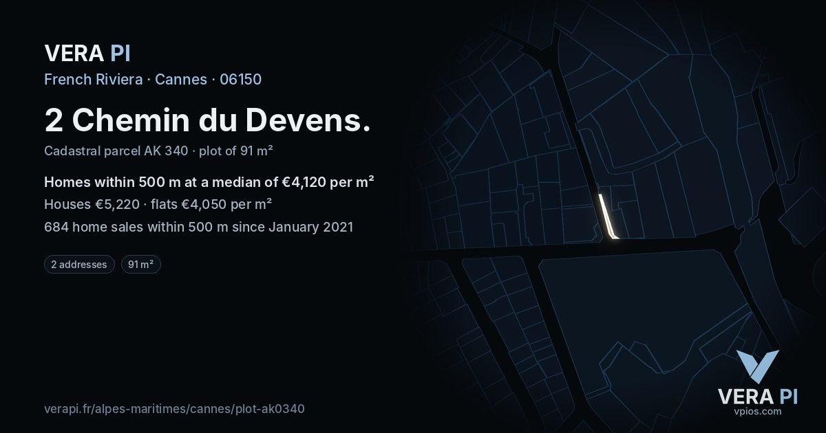 2 Chemin du Devens, Cannes at night – the plot lit, the parcels around coloured by the prices near them