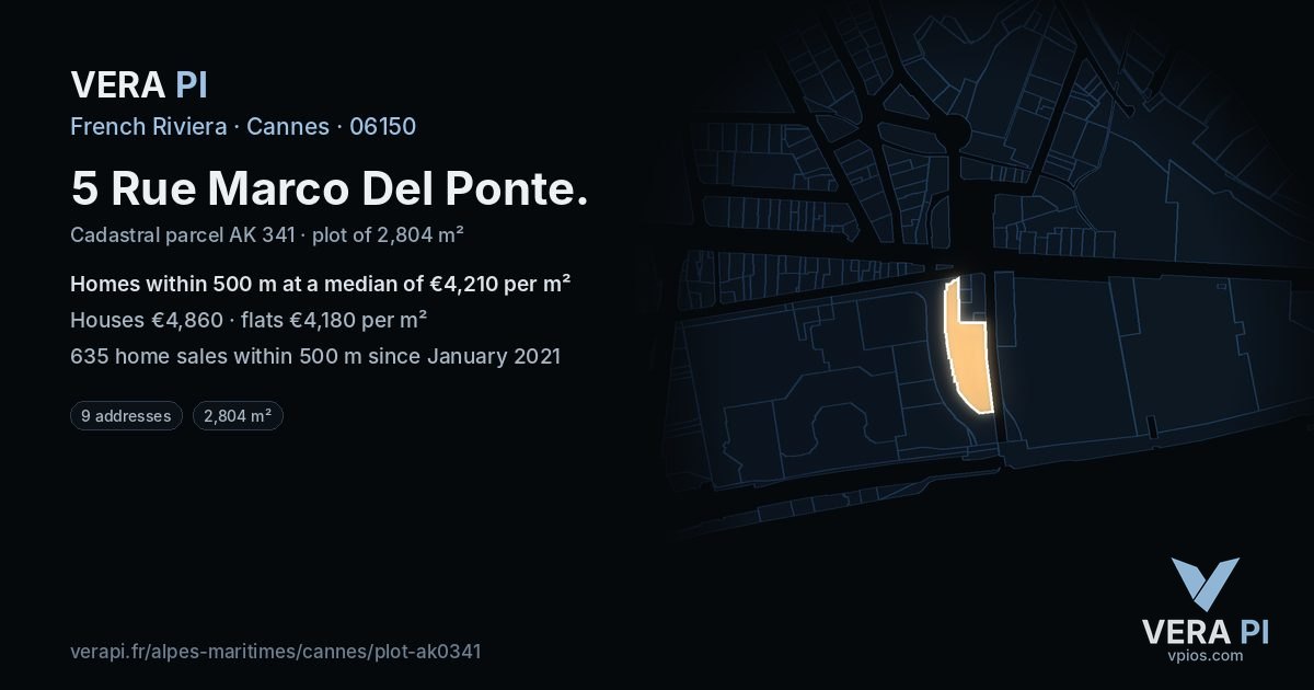 5 Rue Marco Del Ponte, Cannes at night – the plot lit, the parcels around coloured by the prices near them