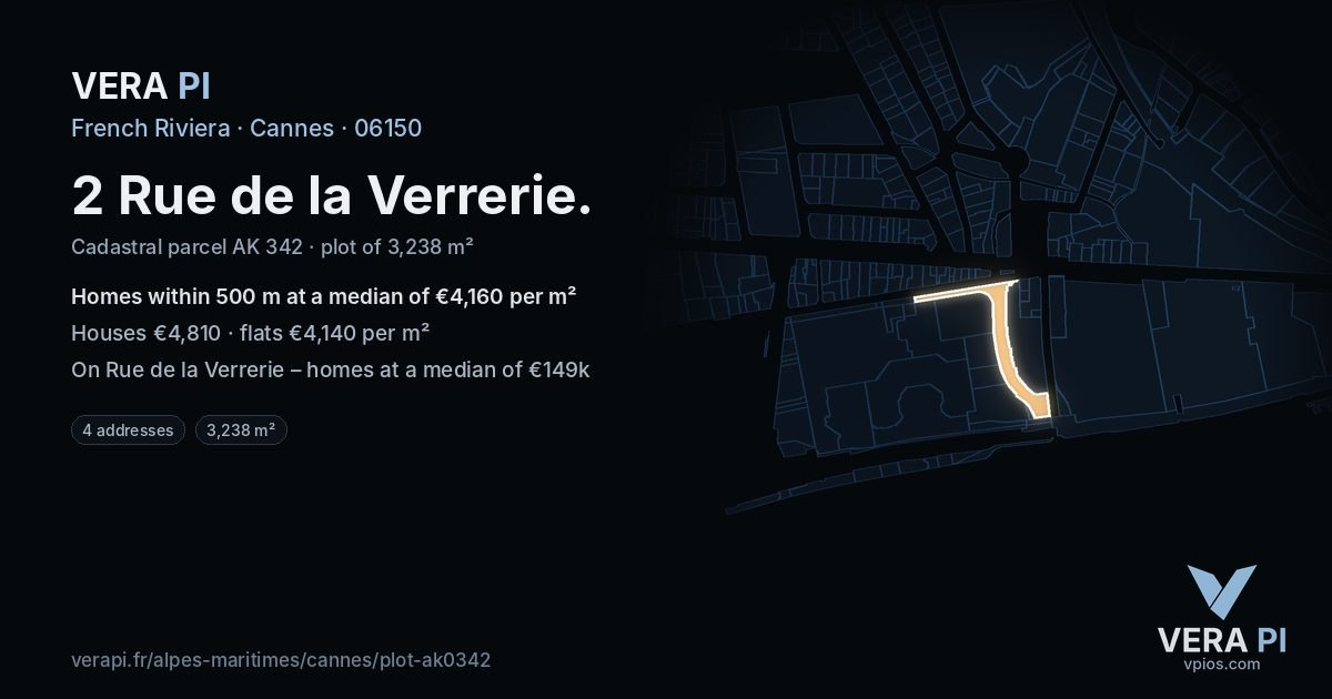 2 Rue de la Verrerie, Cannes at night – the plot lit, the parcels around coloured by the prices near them