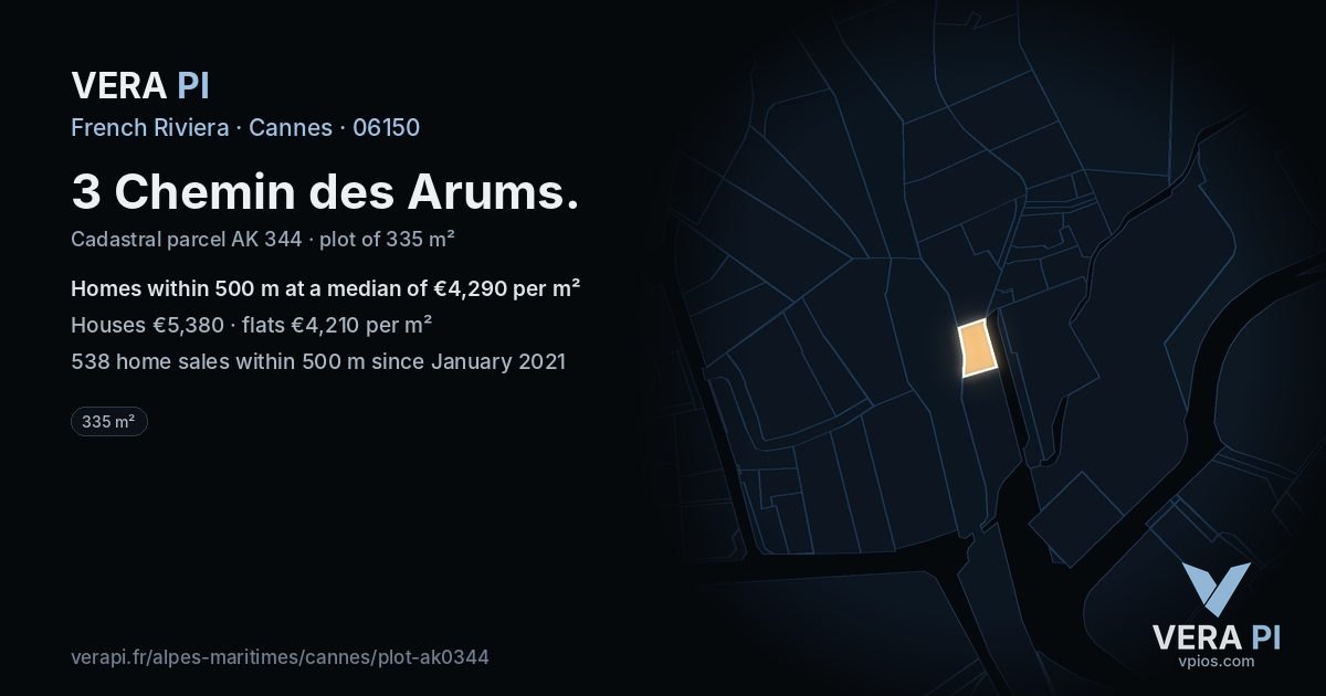 3 Chemin des Arums, Cannes at night – the plot lit, the parcels around coloured by the prices near them