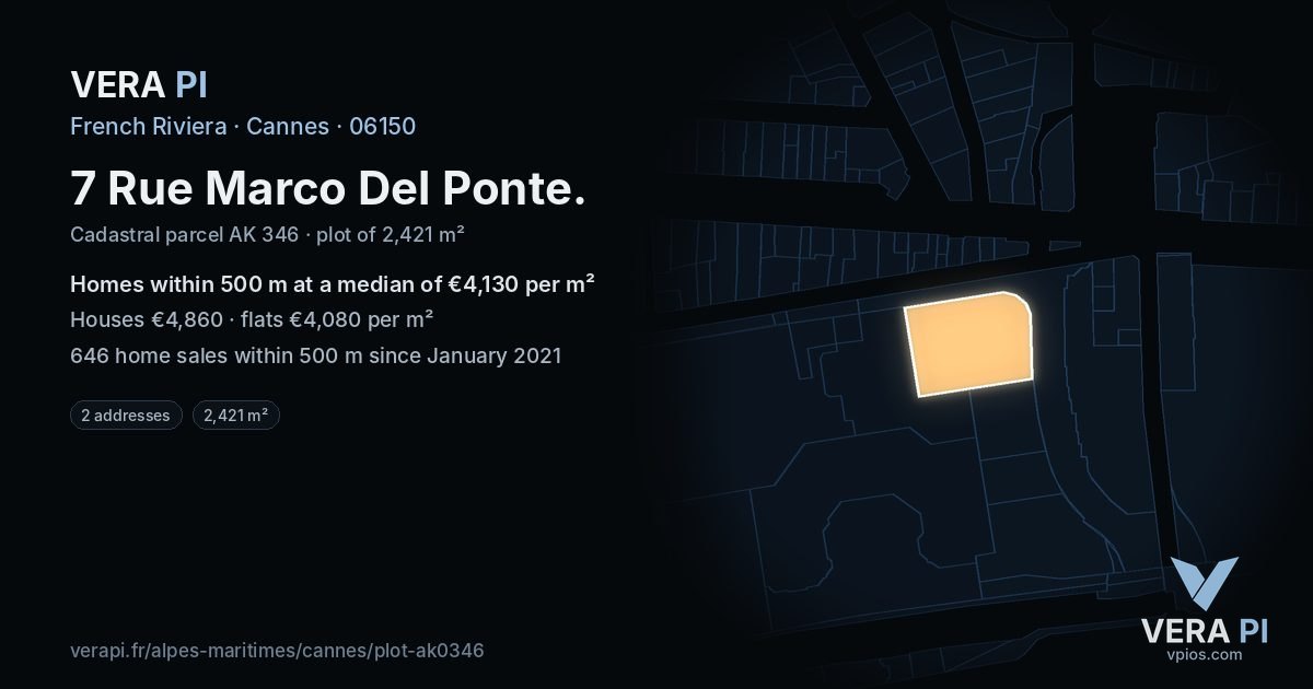 7 Rue Marco Del Ponte, Cannes at night – the plot lit, the parcels around coloured by the prices near them