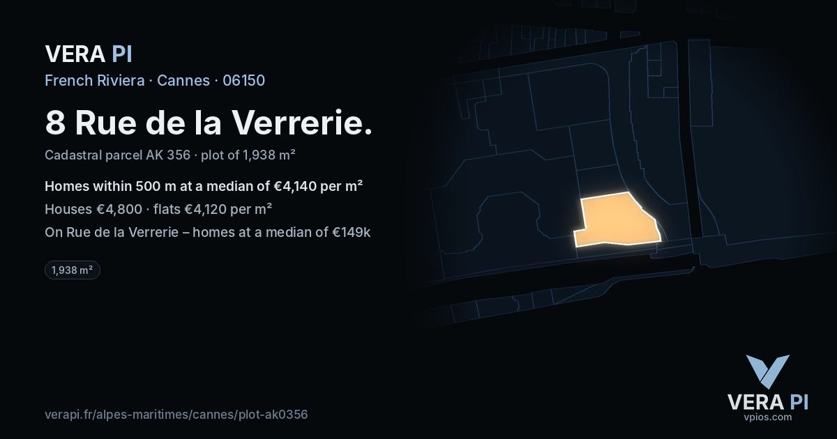 8 Rue de la Verrerie, Cannes at night – the plot lit, the parcels around coloured by the prices near them