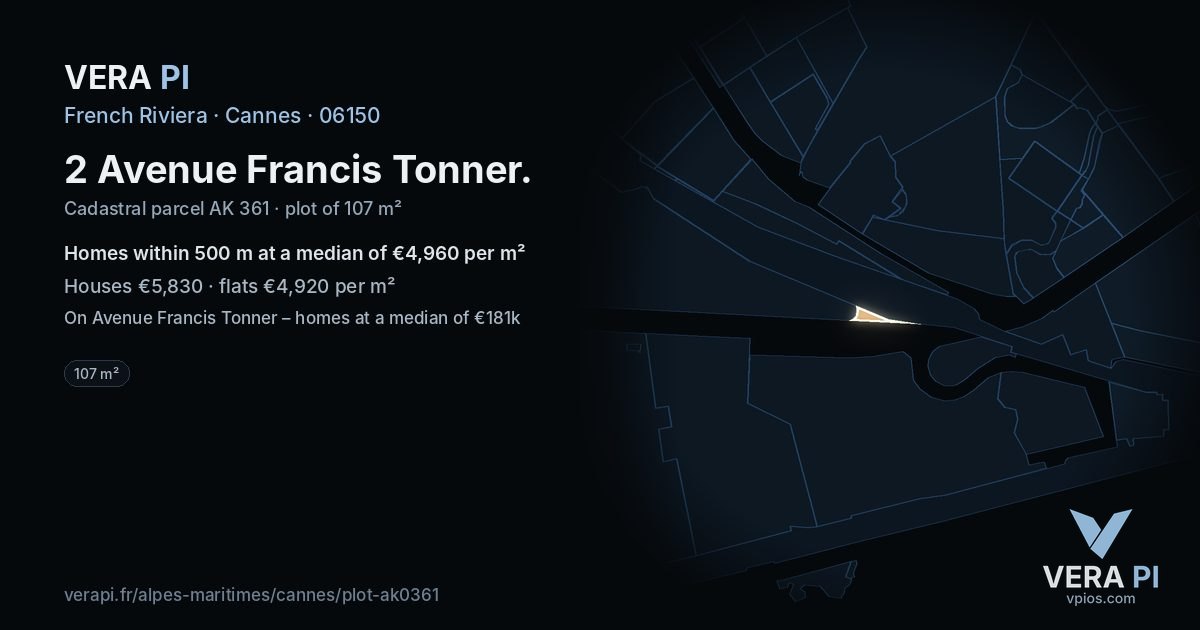 2 Avenue Francis Tonner, Cannes at night – the plot lit, the parcels around coloured by the prices near them
