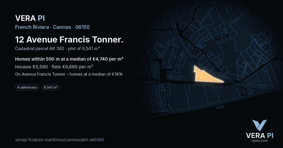 12 Avenue Francis Tonner, Cannes at night – the plot lit, the parcels around coloured by the prices near them