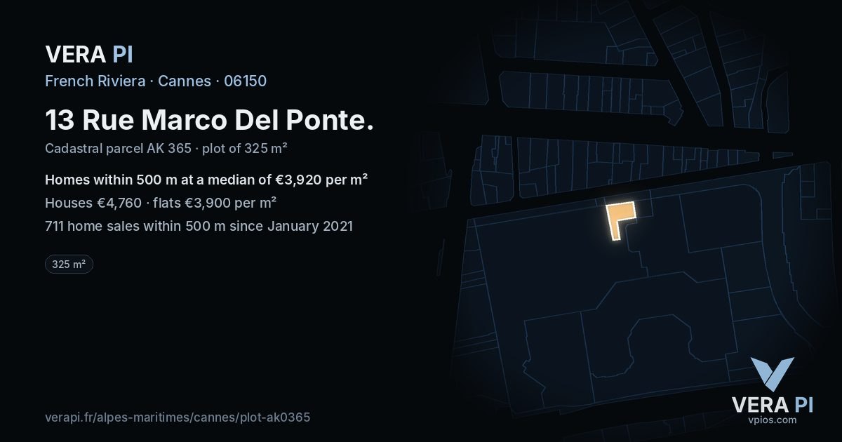 13 Rue Marco Del Ponte, Cannes at night – the plot lit, the parcels around coloured by the prices near them