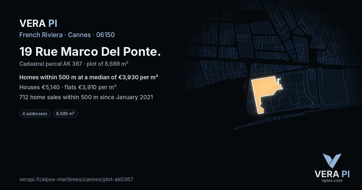 19 Rue Marco Del Ponte, Cannes at night – the plot lit, the parcels around coloured by the prices near them
