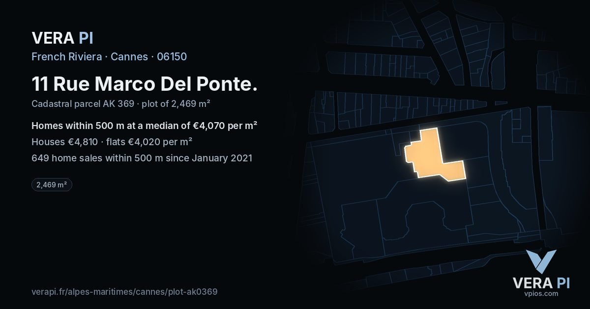 11 Rue Marco Del Ponte, Cannes at night – the plot lit, the parcels around coloured by the prices near them