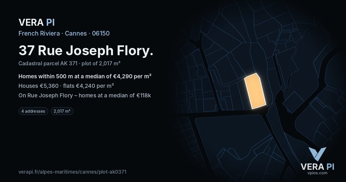 37 Rue Joseph Flory, Cannes at night – the plot lit, the parcels around coloured by the prices near them