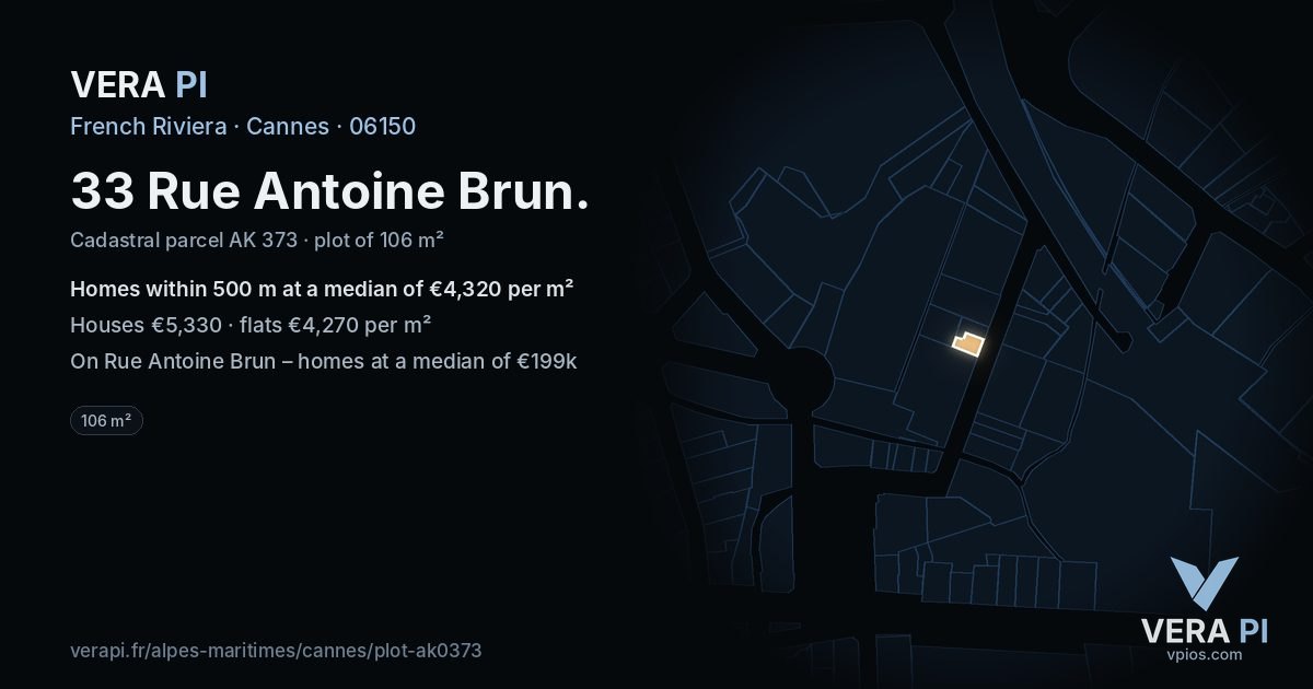 33 Rue Antoine Brun, Cannes at night – the plot lit, the parcels around coloured by the prices near them