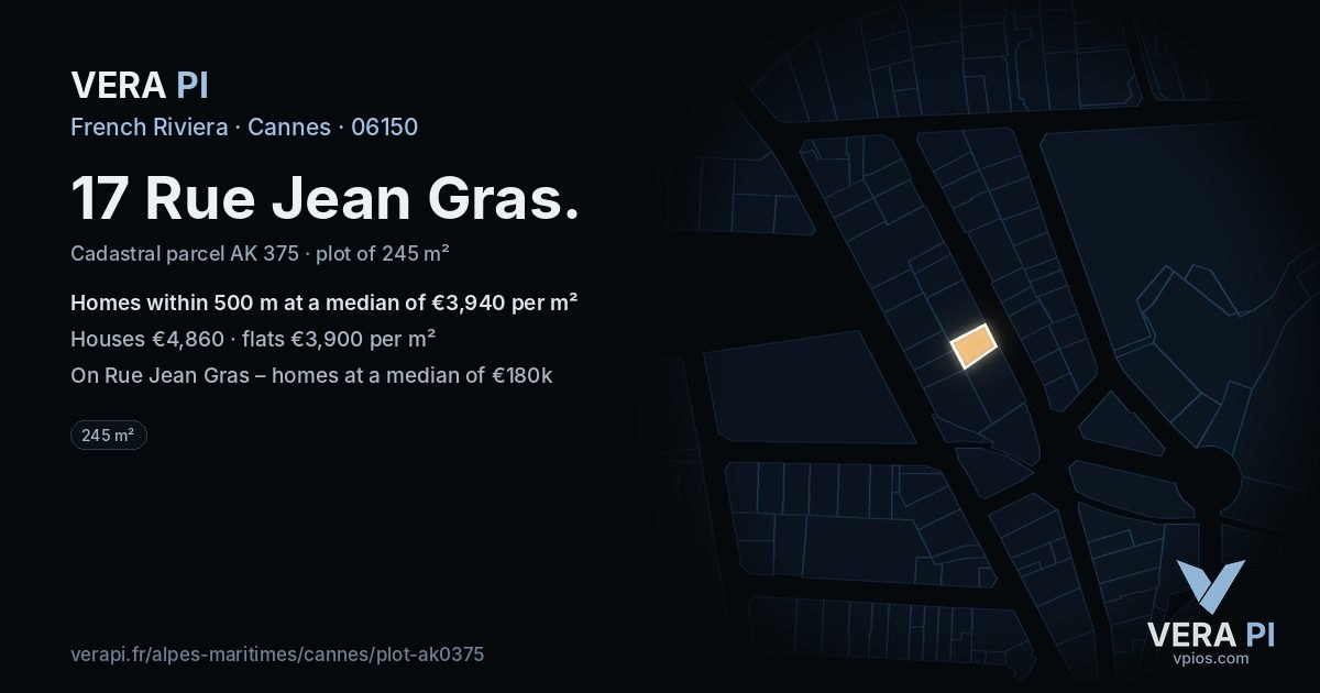 17 Rue Jean Gras, Cannes at night – the plot lit, the parcels around coloured by the prices near them