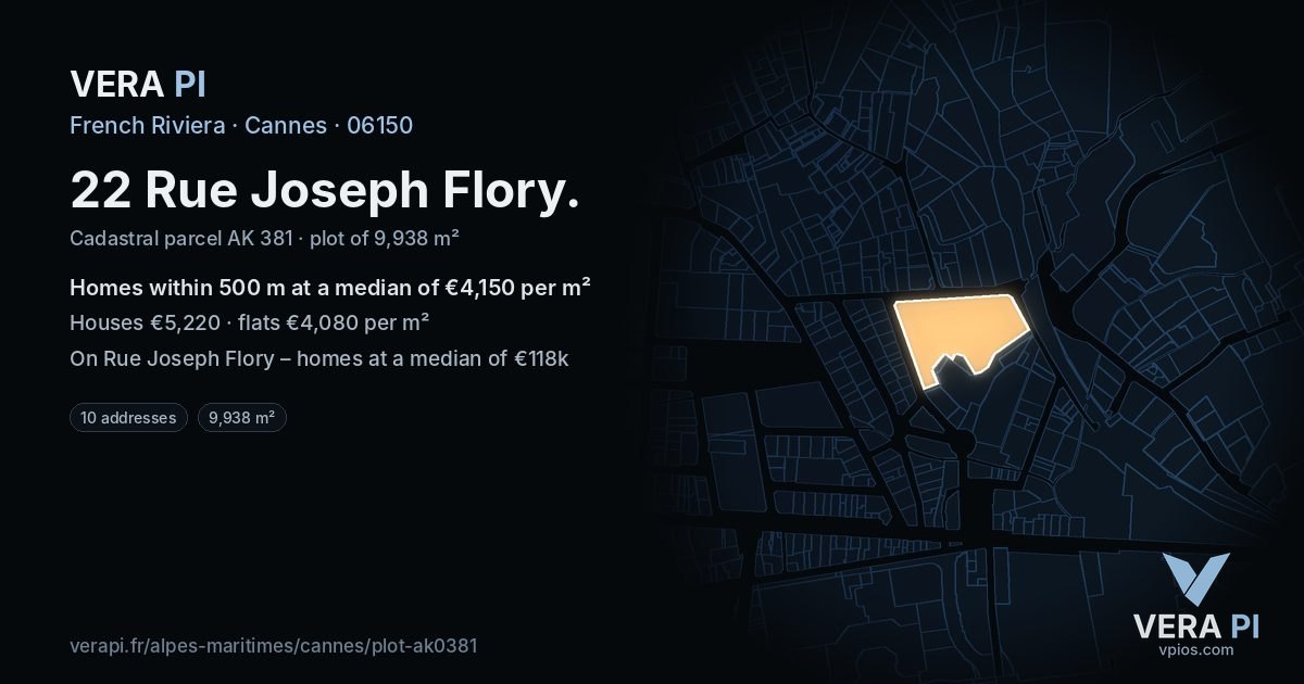 22 Rue Joseph Flory, Cannes at night – the plot lit, the parcels around coloured by the prices near them