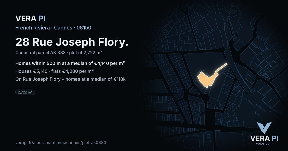28 Rue Joseph Flory, Cannes at night – the plot lit, the parcels around coloured by the prices near them