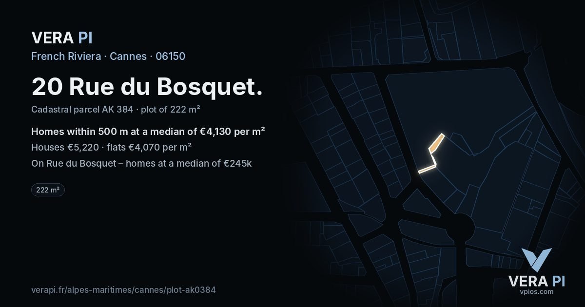 20 Rue du Bosquet, Cannes at night – the plot lit, the parcels around coloured by the prices near them