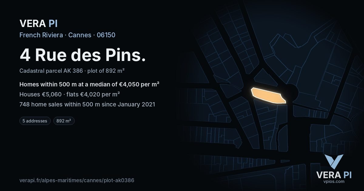 4 Rue des Pins, Cannes at night – the plot lit, the parcels around coloured by the prices near them