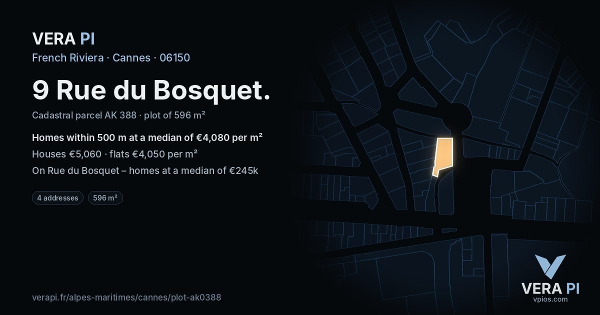 9 Rue du Bosquet, Cannes at night – the plot lit, the parcels around coloured by the prices near them