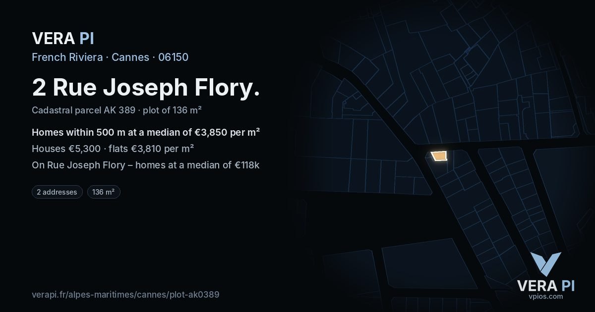 2 Rue Joseph Flory, Cannes at night – the plot lit, the parcels around coloured by the prices near them