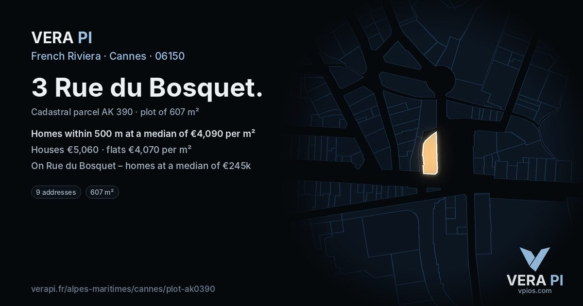 3 Rue du Bosquet, Cannes at night – the plot lit, the parcels around coloured by the prices near them