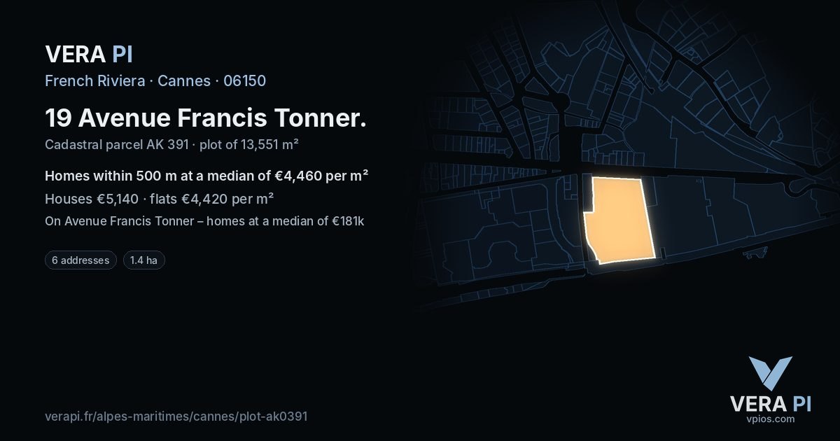 19 Avenue Francis Tonner, Cannes at night – the plot lit, the parcels around coloured by the prices near them