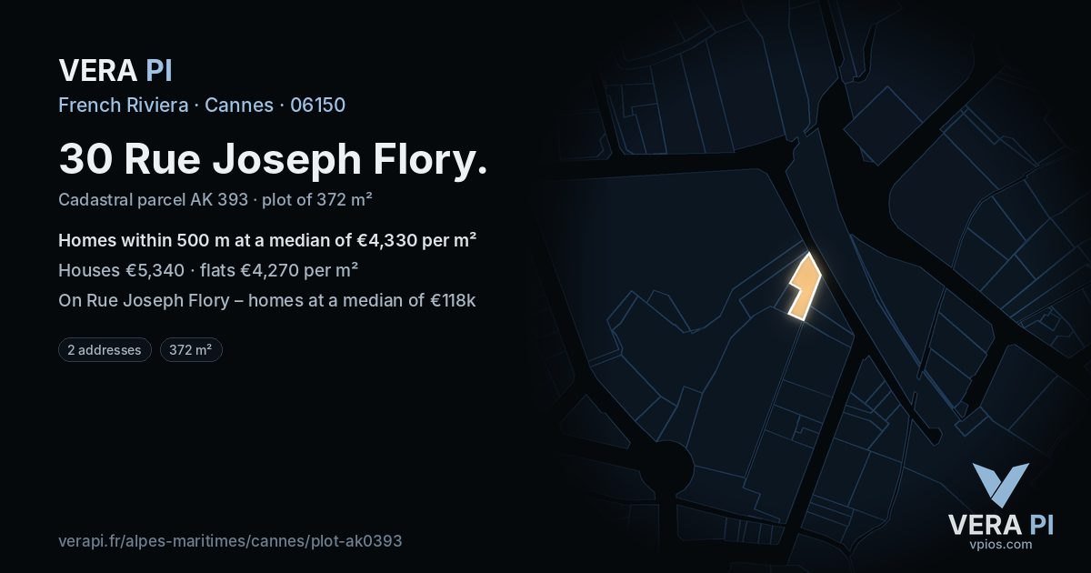 30 Rue Joseph Flory, Cannes at night – the plot lit, the parcels around coloured by the prices near them
