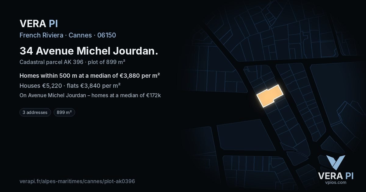 34 Avenue Michel Jourdan, Cannes at night – the plot lit, the parcels around coloured by the prices near them