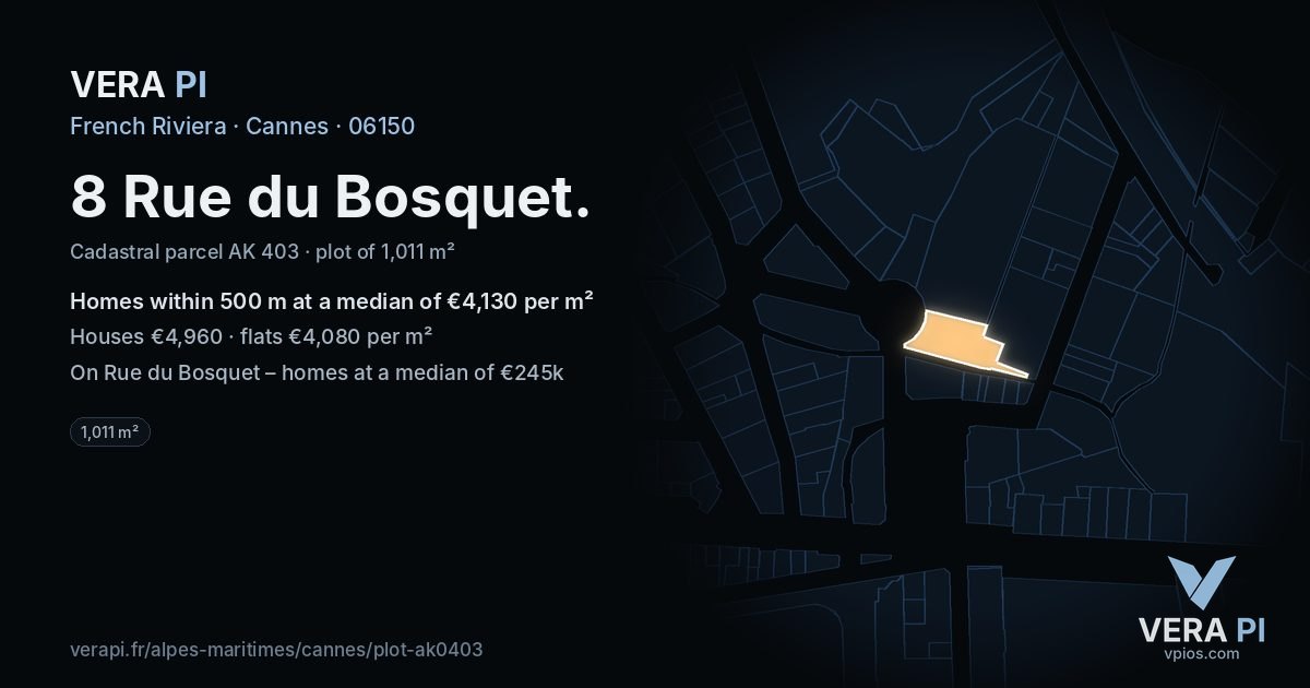 8 Rue du Bosquet, Cannes at night – the plot lit, the parcels around coloured by the prices near them