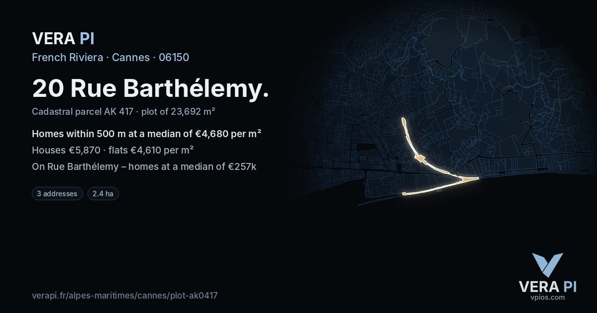 20 Rue Barthélemy, Cannes at night – the plot lit, the parcels around coloured by the prices near them