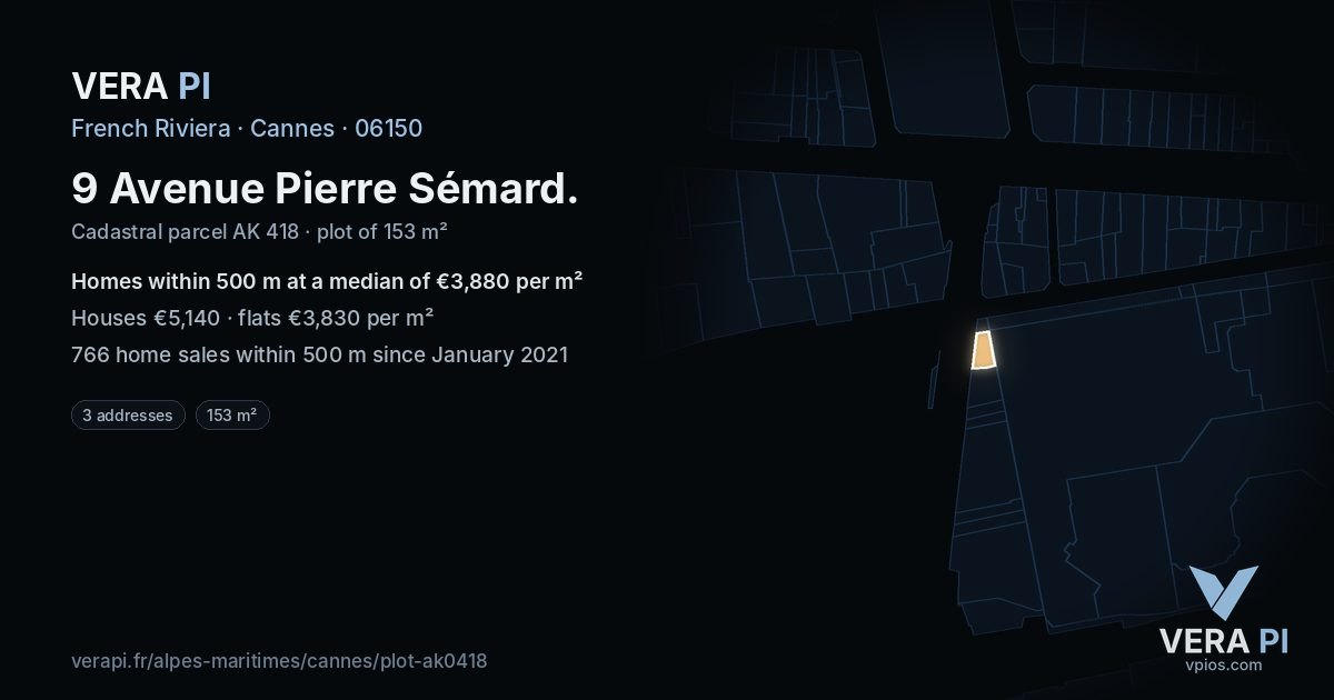 9 Avenue Pierre Sémard, Cannes at night – the plot lit, the parcels around coloured by the prices near them