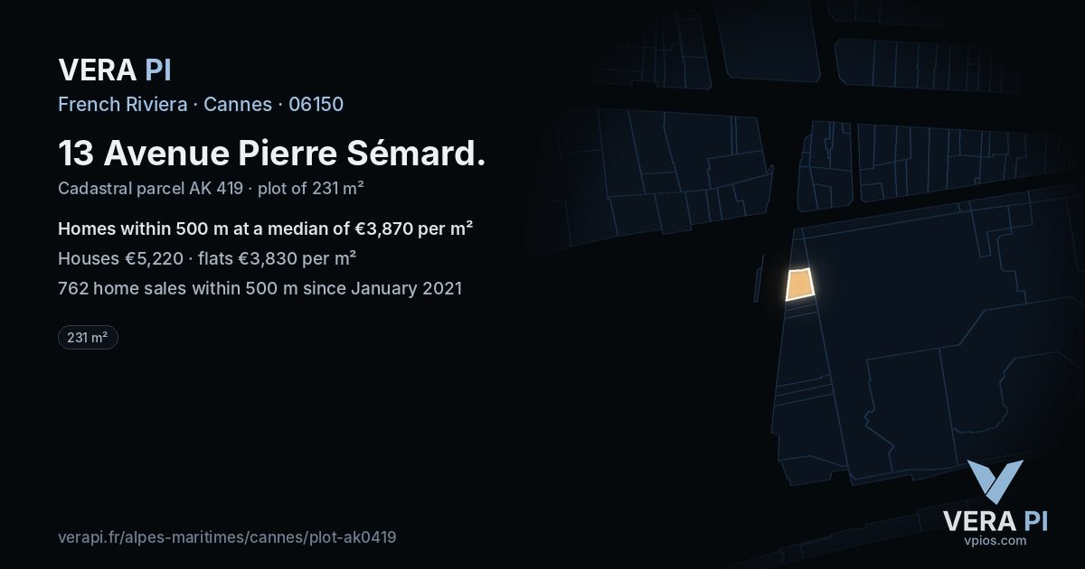 13 Avenue Pierre Sémard, Cannes at night – the plot lit, the parcels around coloured by the prices near them