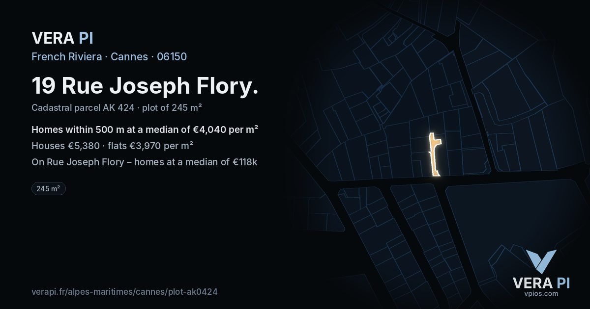 19 Rue Joseph Flory, Cannes at night – the plot lit, the parcels around coloured by the prices near them
