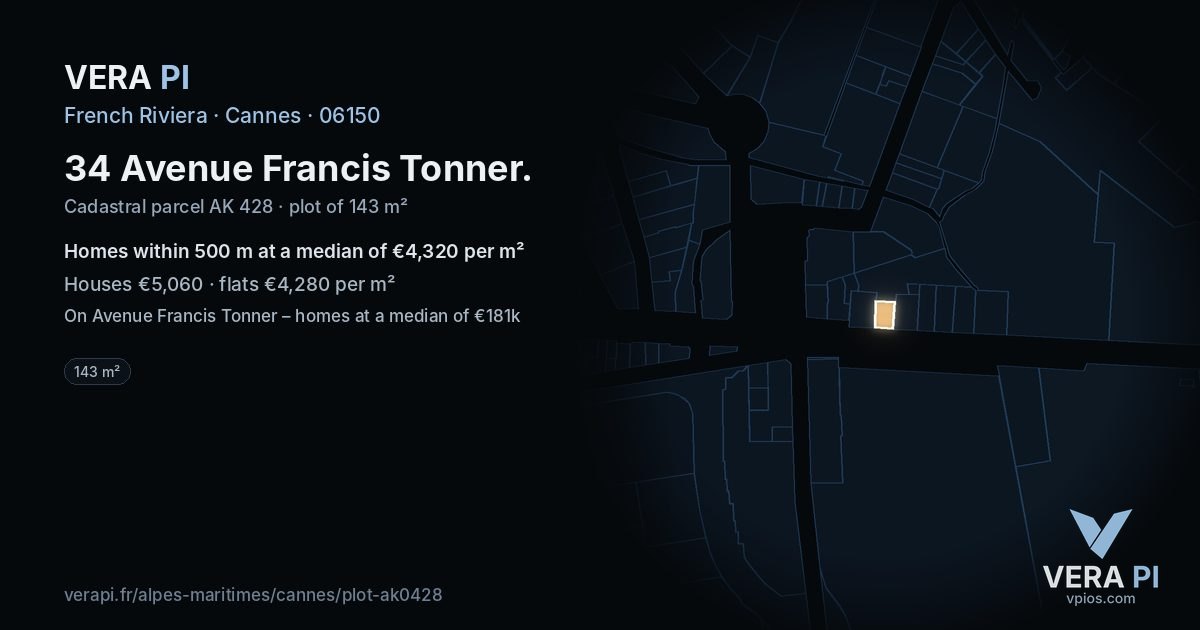34 Avenue Francis Tonner, Cannes at night – the plot lit, the parcels around coloured by the prices near them