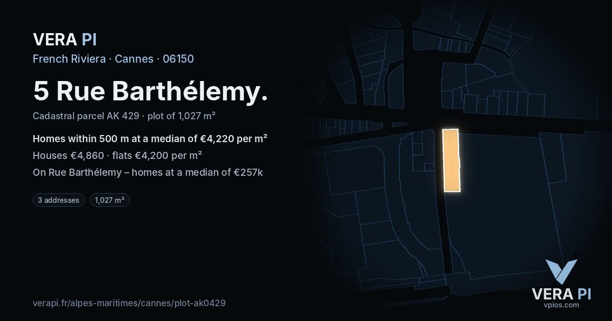 5 Rue Barthélemy, Cannes at night – the plot lit, the parcels around coloured by the prices near them