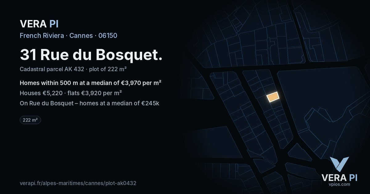 31 Rue du Bosquet, Cannes at night – the plot lit, the parcels around coloured by the prices near them