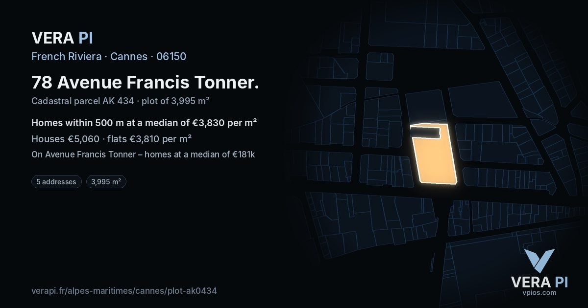 78 Avenue Francis Tonner, Cannes at night – the plot lit, the parcels around coloured by the prices near them