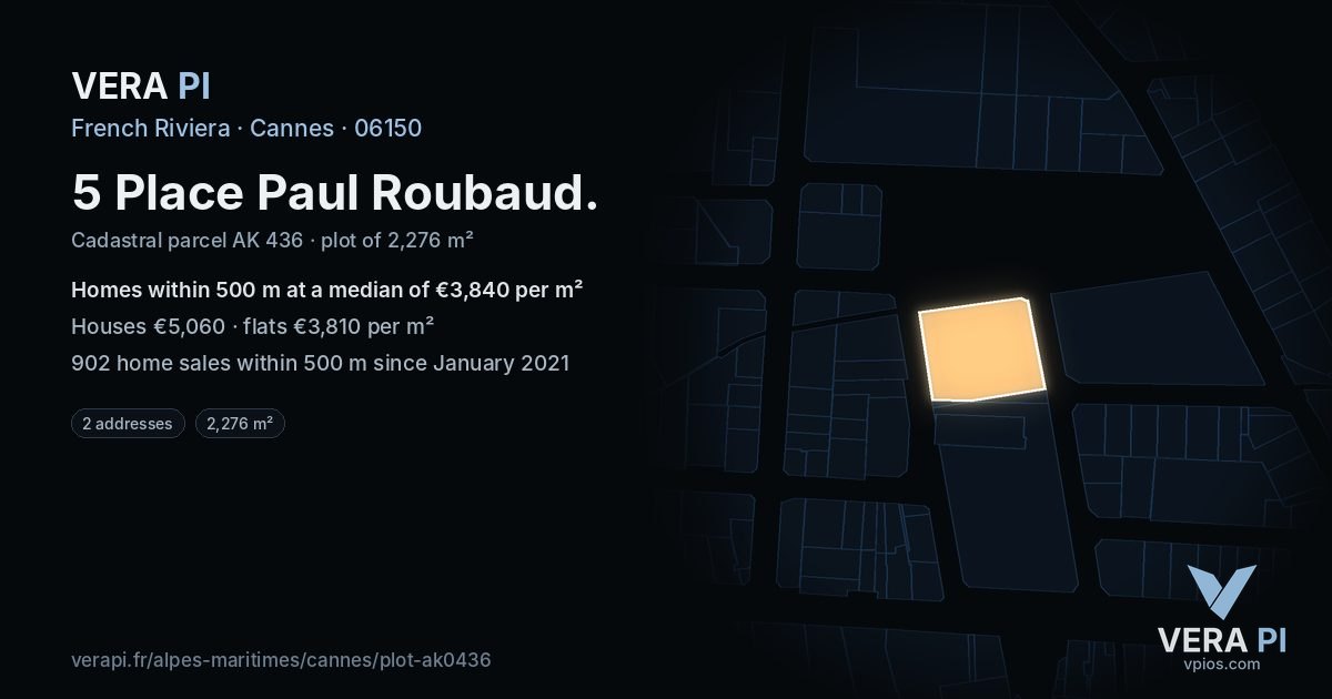 5 Place Paul Roubaud, Cannes at night – the plot lit, the parcels around coloured by the prices near them