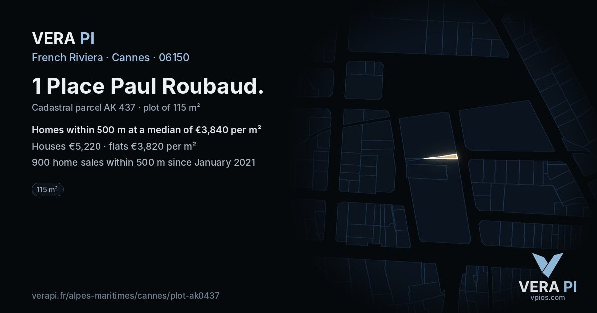 1 Place Paul Roubaud, Cannes at night – the plot lit, the parcels around coloured by the prices near them