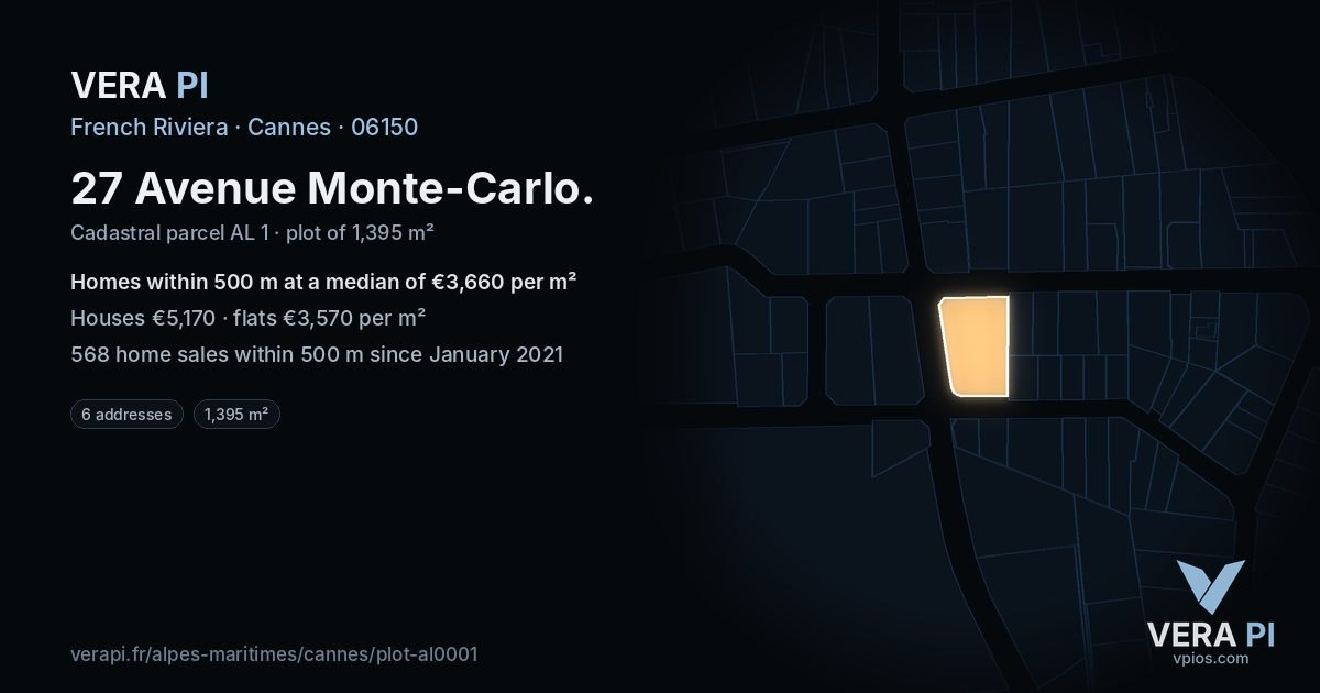 27 Avenue Monte-Carlo, Cannes at night – the plot lit, the parcels around coloured by the prices near them