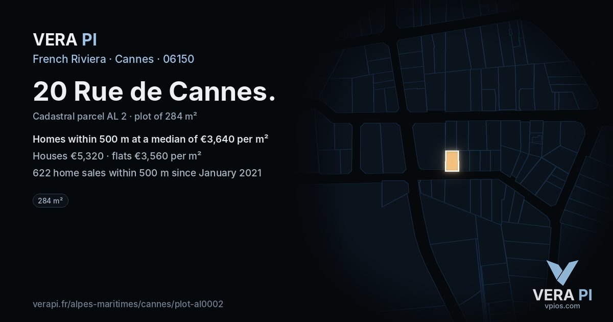 20 Rue de Cannes, Cannes at night – the plot lit, the parcels around coloured by the prices near them