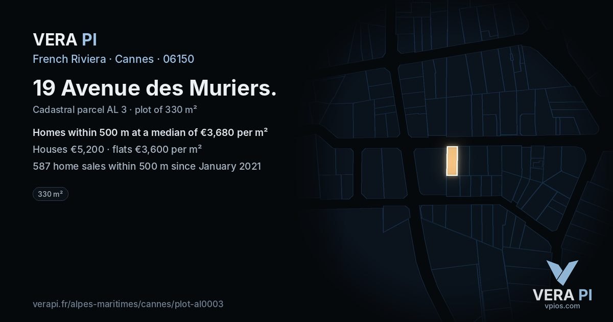 19 Avenue des Muriers, Cannes at night – the plot lit, the parcels around coloured by the prices near them