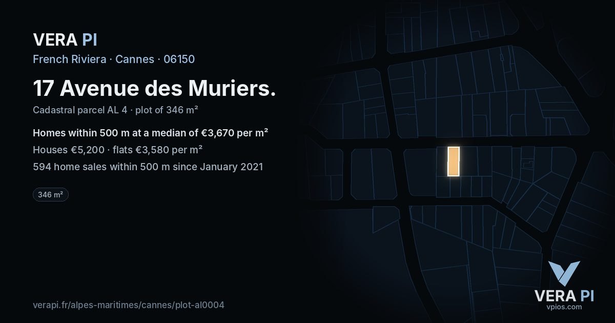 17 Avenue des Muriers, Cannes at night – the plot lit, the parcels around coloured by the prices near them