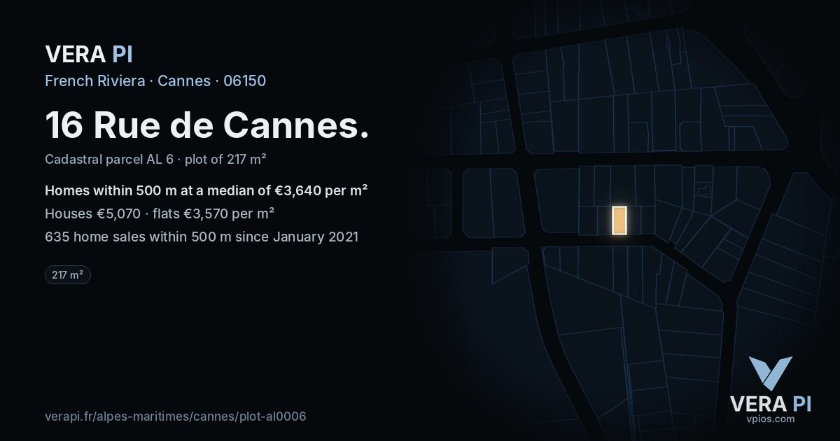 16 Rue de Cannes, Cannes at night – the plot lit, the parcels around coloured by the prices near them