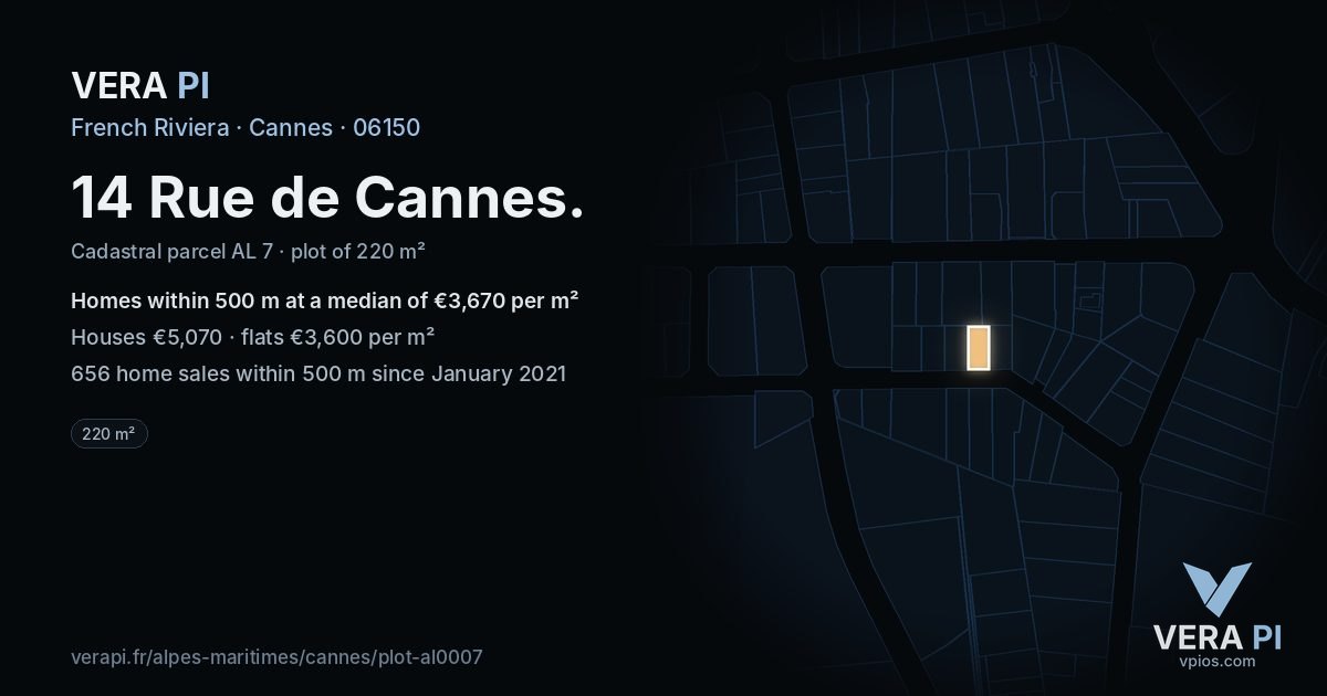 14 Rue de Cannes, Cannes at night – the plot lit, the parcels around coloured by the prices near them