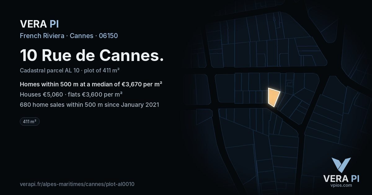 10 Rue de Cannes, Cannes at night – the plot lit, the parcels around coloured by the prices near them