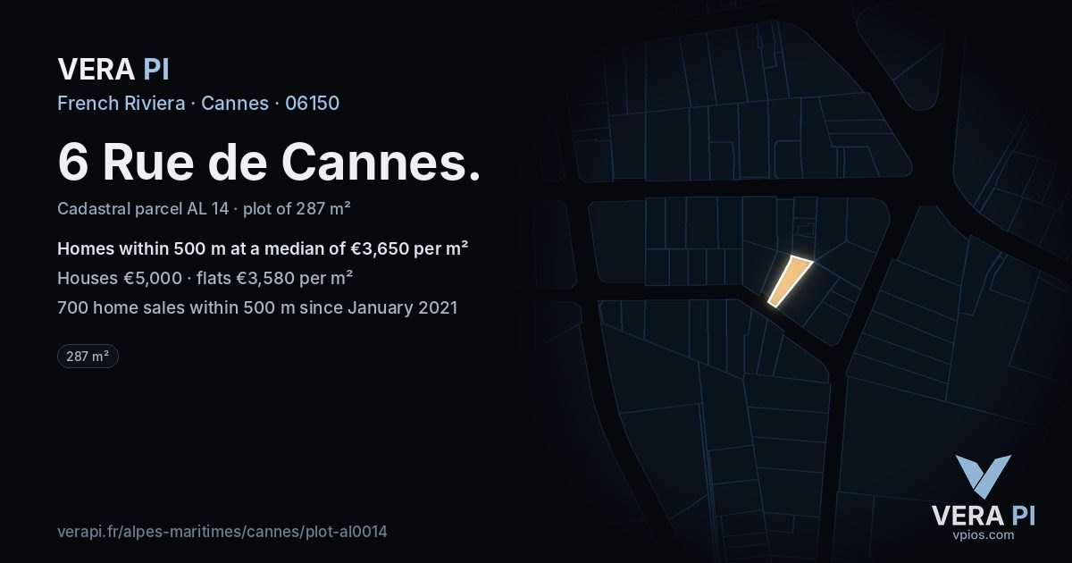 6 Rue de Cannes, Cannes at night – the plot lit, the parcels around coloured by the prices near them