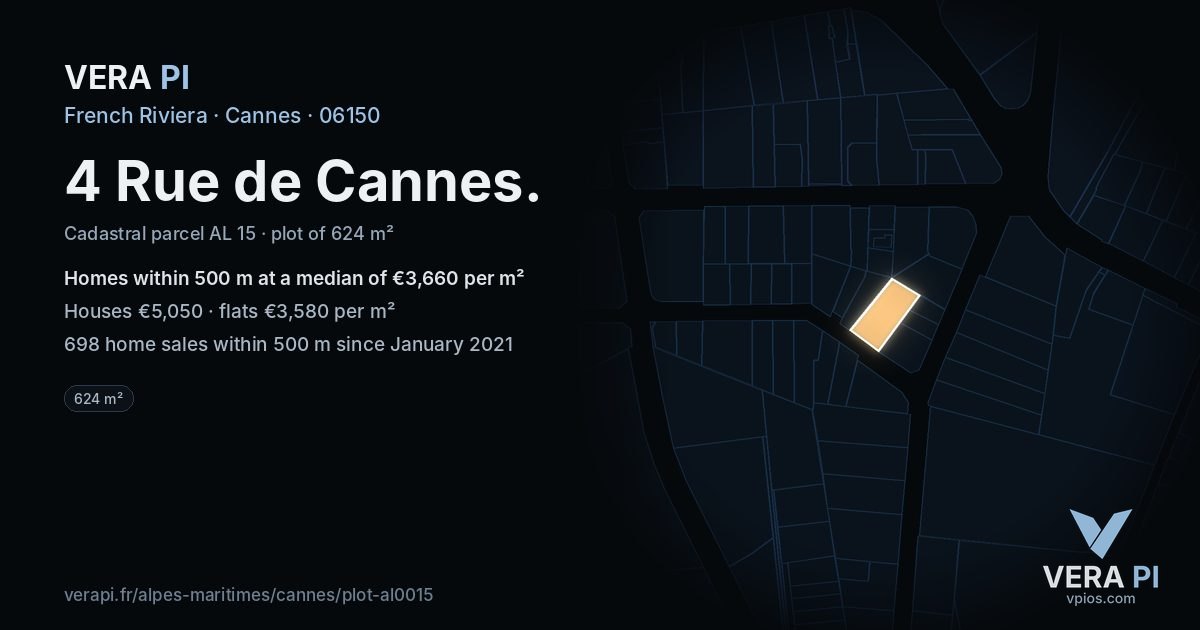 4 Rue de Cannes, Cannes at night – the plot lit, the parcels around coloured by the prices near them