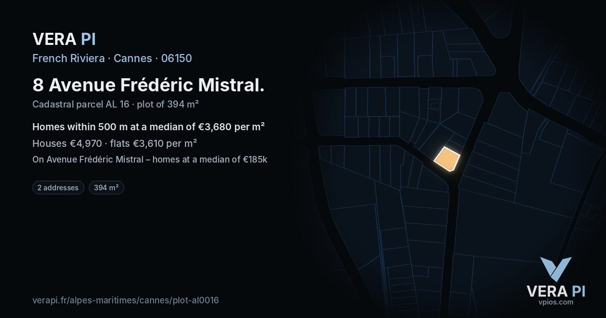 8 Avenue Frédéric Mistral, Cannes at night – the plot lit, the parcels around coloured by the prices near them