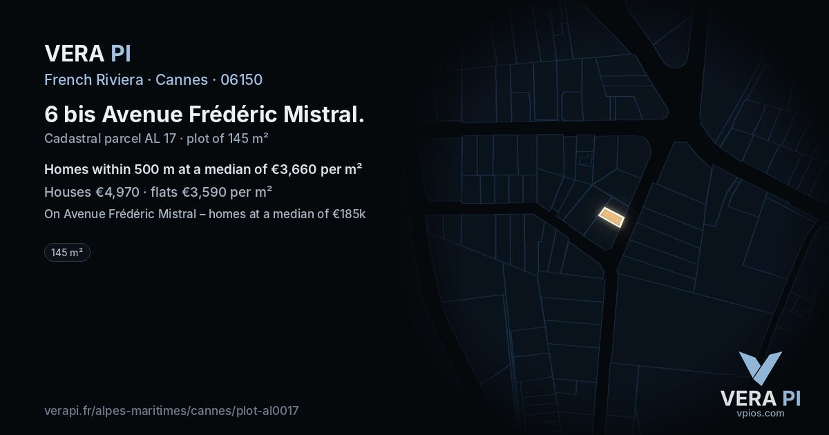 6 bis Avenue Frédéric Mistral, Cannes at night – the plot lit, the parcels around coloured by the prices near them