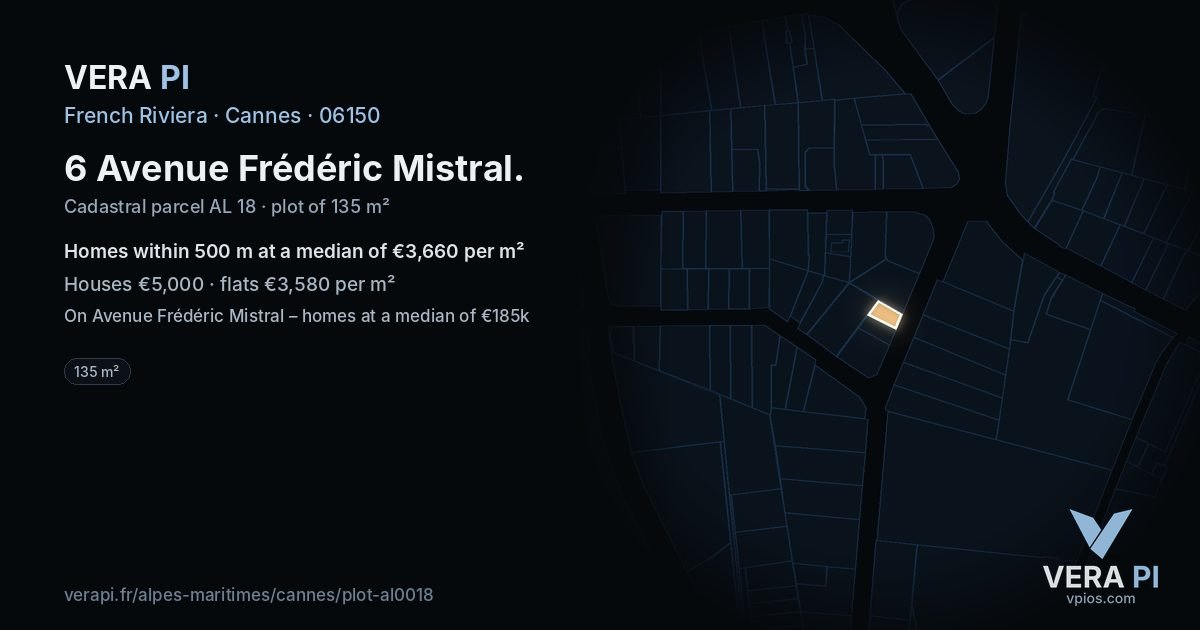 6 Avenue Frédéric Mistral, Cannes at night – the plot lit, the parcels around coloured by the prices near them