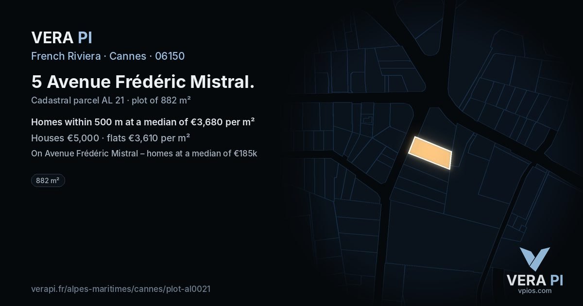 5 Avenue Frédéric Mistral, Cannes at night – the plot lit, the parcels around coloured by the prices near them