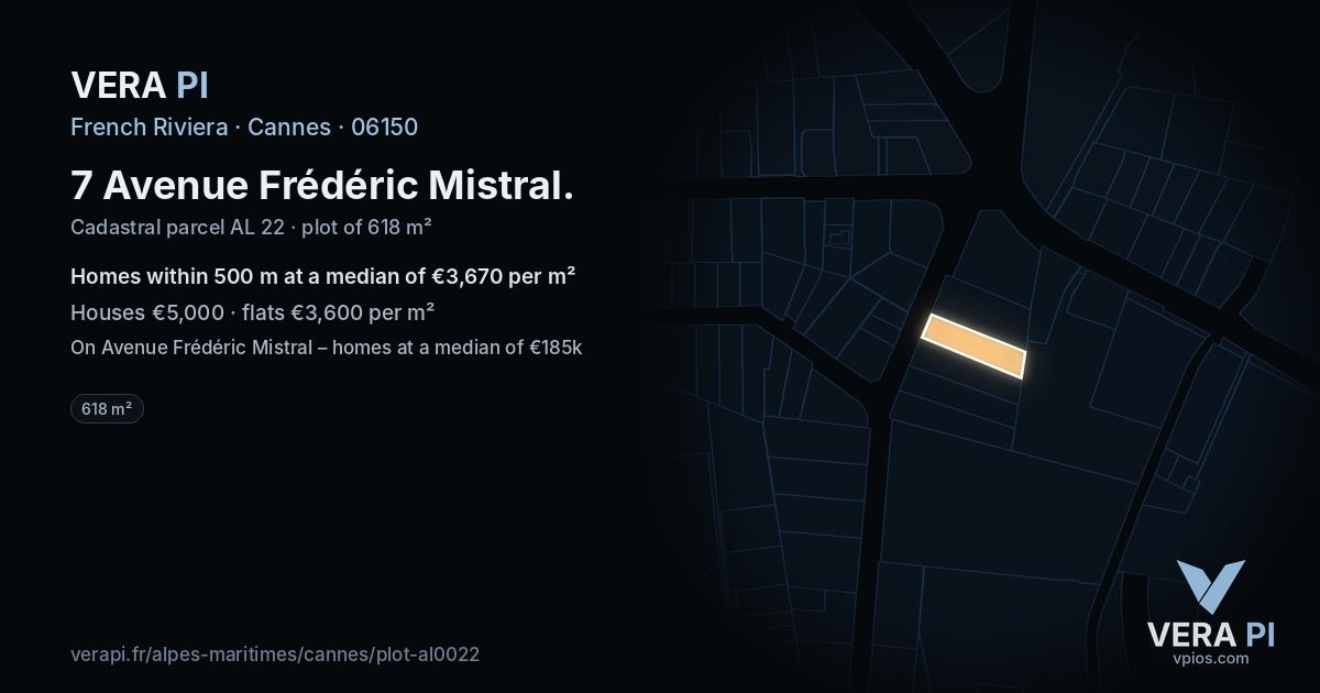7 Avenue Frédéric Mistral, Cannes at night – the plot lit, the parcels around coloured by the prices near them