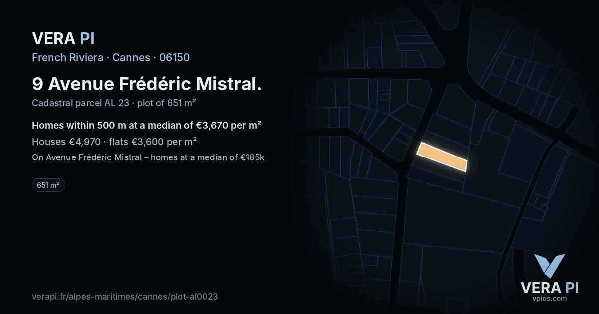 9 Avenue Frédéric Mistral, Cannes at night – the plot lit, the parcels around coloured by the prices near them